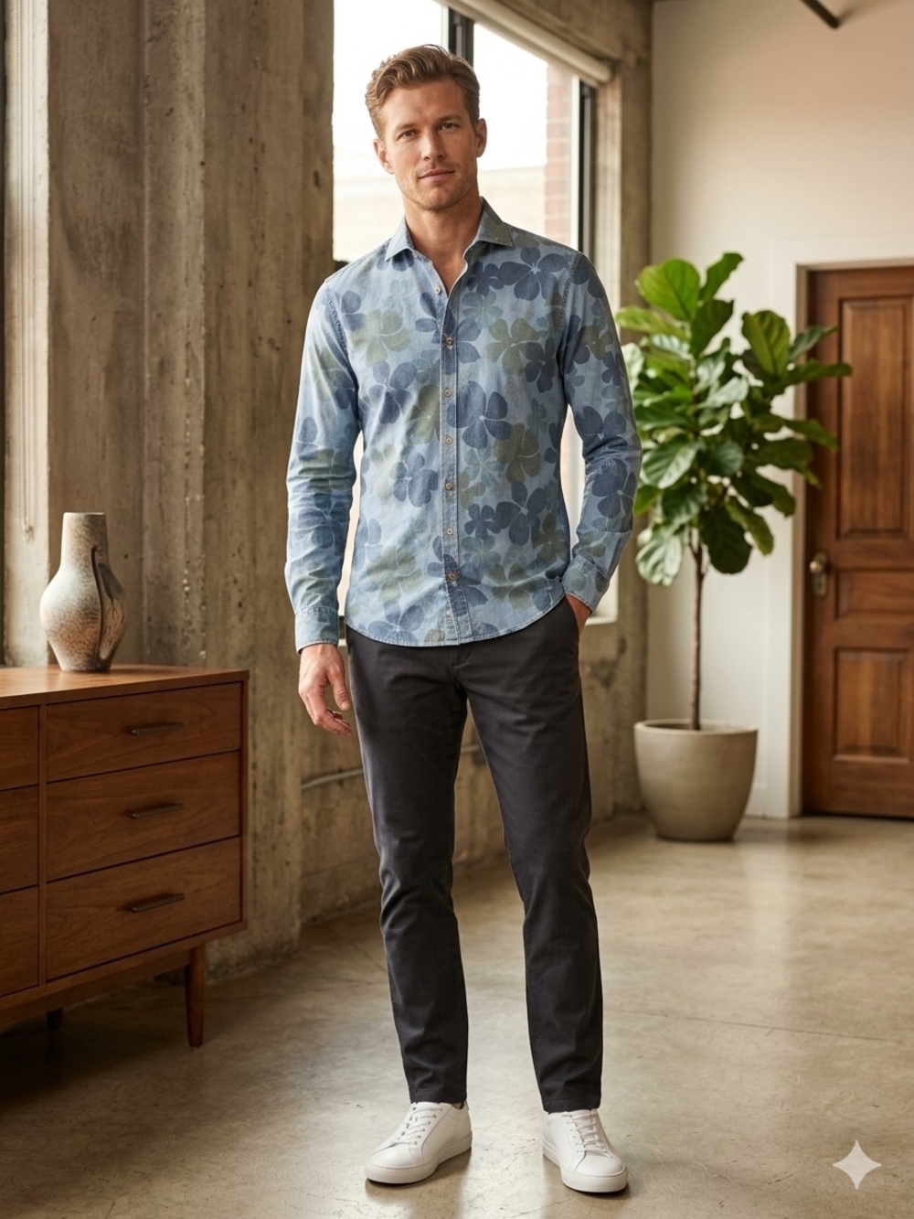 Stenströms Men's Light Weight Blue Denim Floral Button-Up Shirt 100% Cotton - L